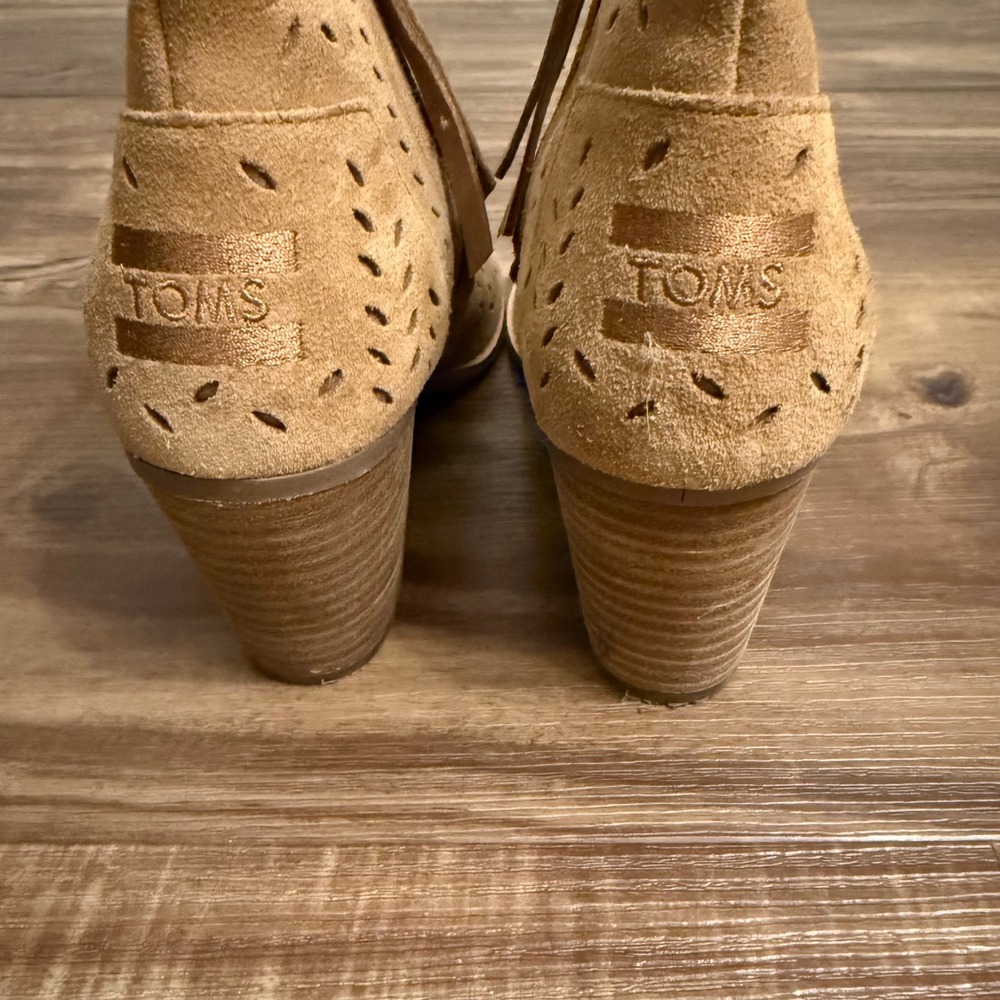 Toms Majorca Peep Toe Booties Suede‎ Leather Ankle Boots Heeled Tan Sz 6.5 - Picture 6 of 8